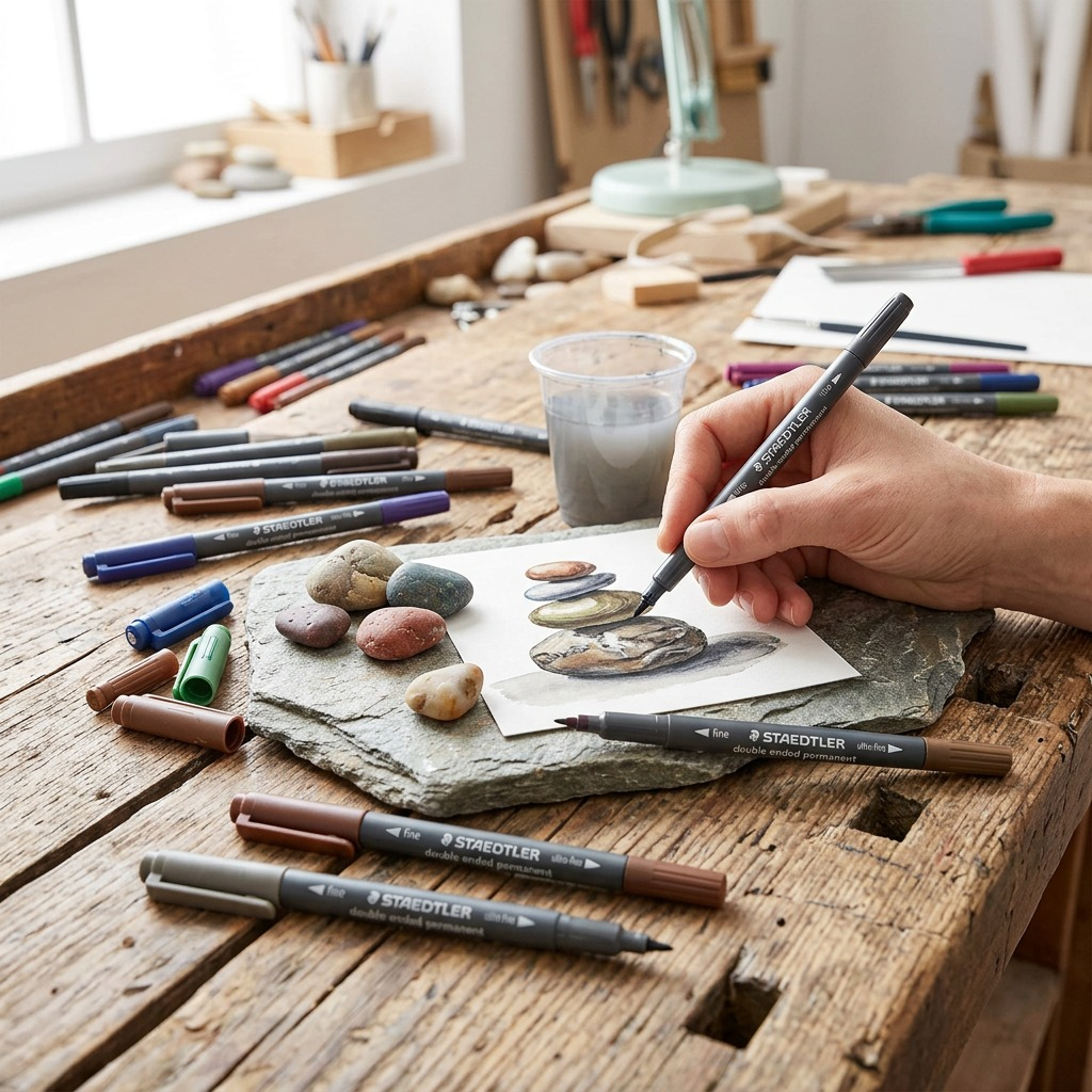 A lifestyle image of multiple Staedtler double-ended permanent pens without packaging on a smooth metal surface.