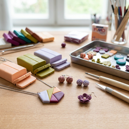 Close-up photo of various handcrafted Fimo Soft jewelry pieces and beads on a crafting surface.