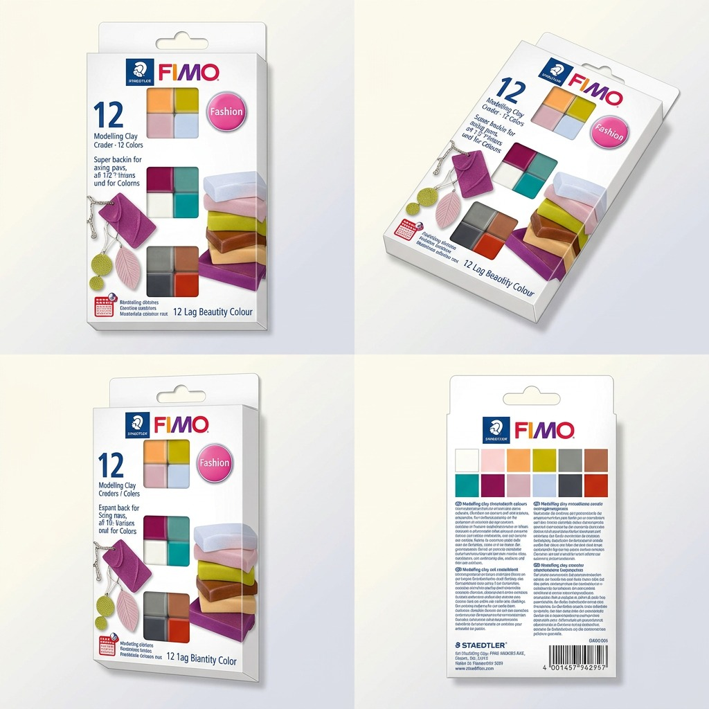 STAEDTLER Fimo Soft Fashion Colours 12-pack (8023-C12-5) shown in a 2x2 multi-angle matrix.