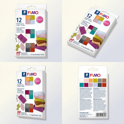 STAEDTLER Fimo Soft Fashion Colours 12-pack (8023-C12-5) shown in a 2x2 multi-angle matrix.