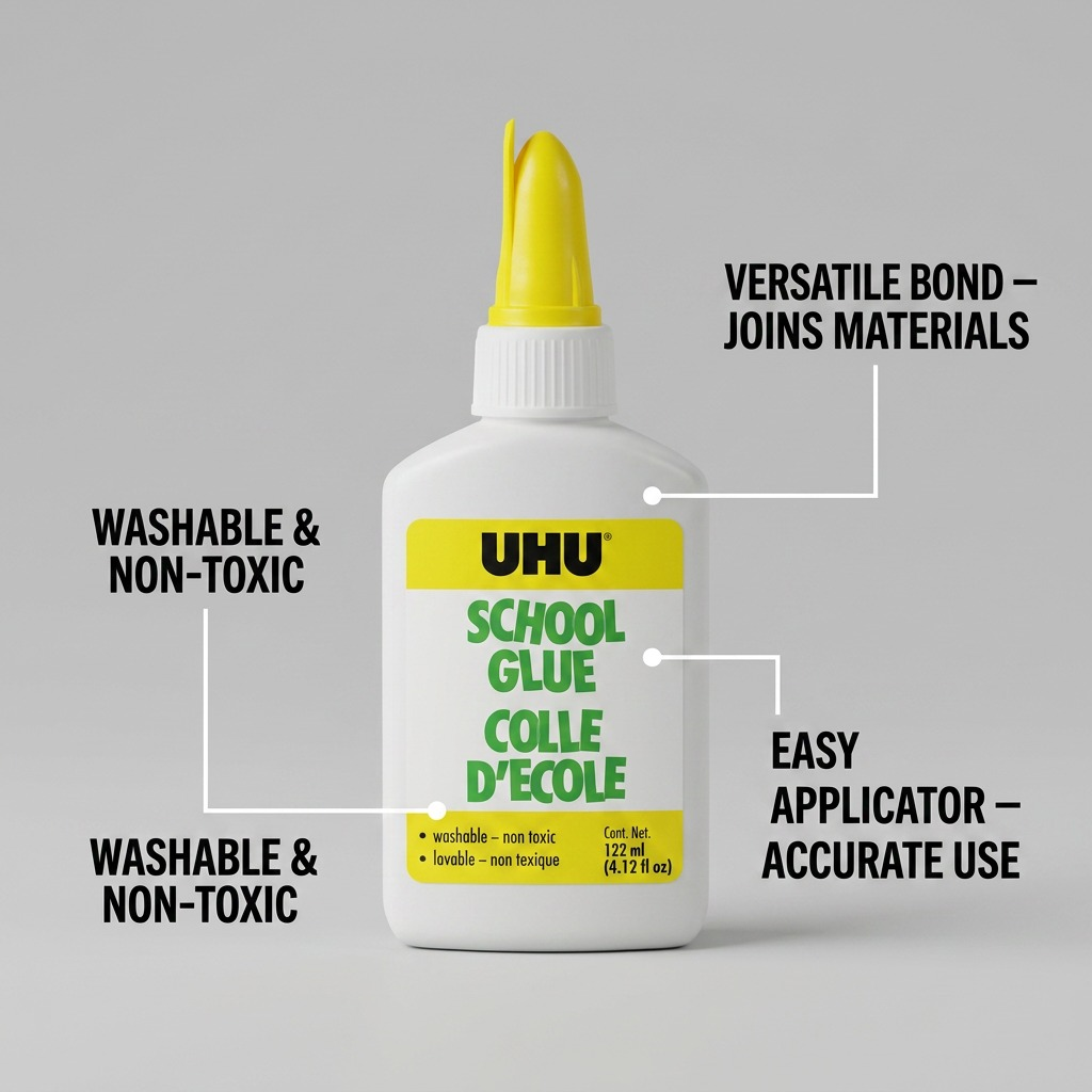 A detailed diagram with text and lines showcasing the features of UHU school glue, highlighting its washable and non-toxic properties.