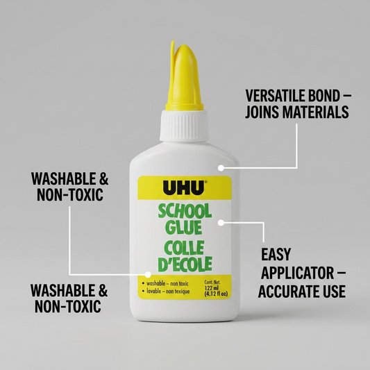 A detailed diagram with text and lines showcasing the features of UHU school glue, highlighting its washable and non-toxic properties.