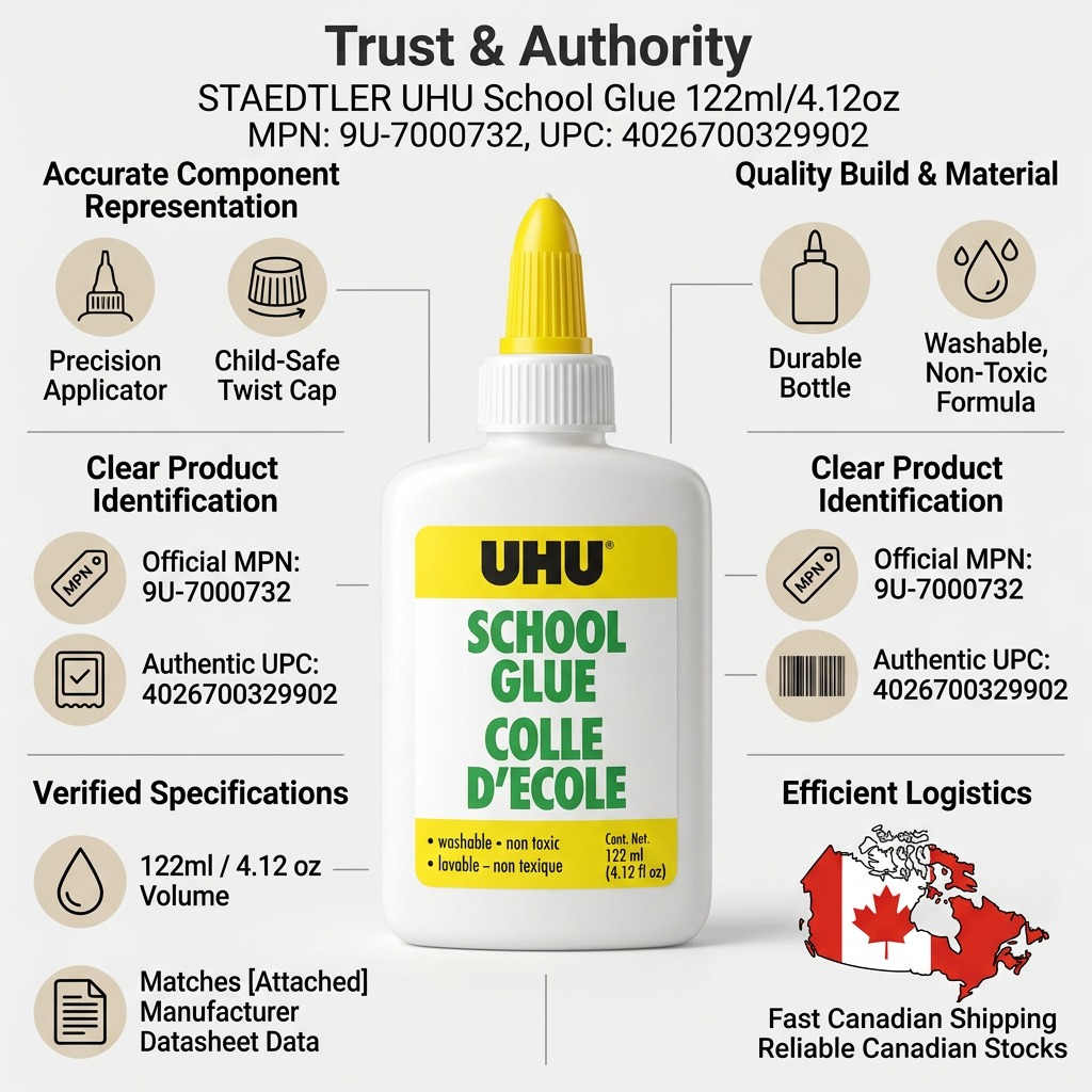 An e-commerce infographic matrix for UHU School Glue, detailing product specifications, components, handling instructions, and shipping information, with the central product image.