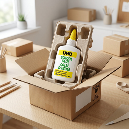 \nAn unboxing scene shows a pristine UHU School Glue bottle (image_0.png) in open, safe shipping materials on a wooden surface.\n