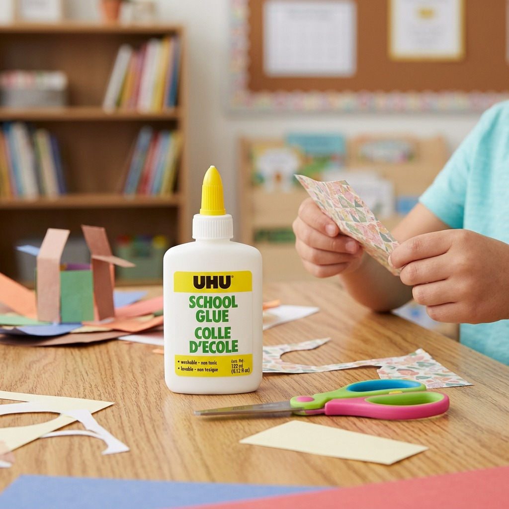 A lifestyle image featuring the yellow-capped UHU School Glue bottle on a wooden table. A child's hand holds a paper shape they are about to glue to a school project. In the background or nearby: a clean pair of safety scissors, more colorful paper cutouts, and a drawing with crayons. This captures the product in its intended educational setting, emphasizing ease of use and safety.