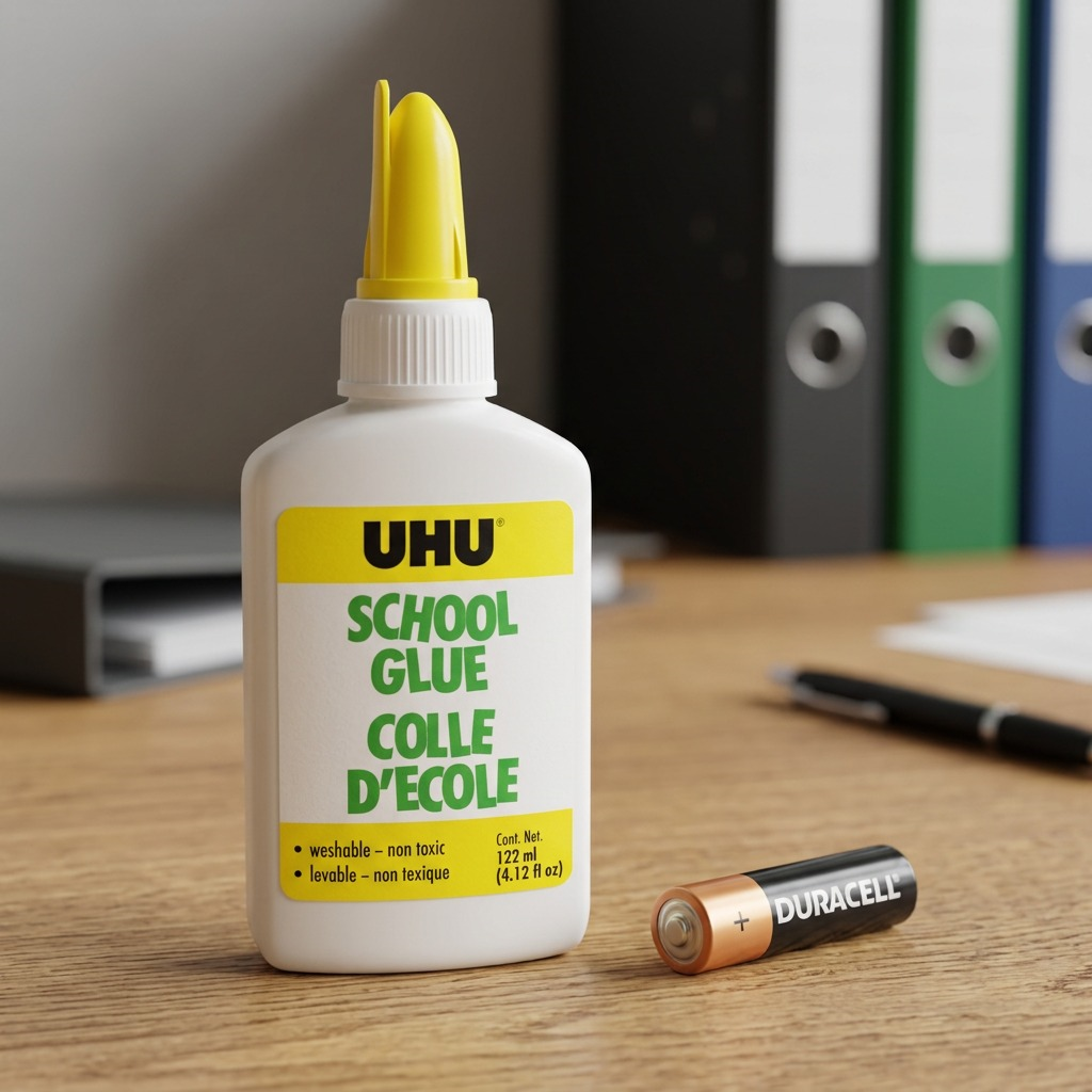 A photo of the 122ml STAEDTLER UHU School Glue bottle, matching its reference, standing on a desk beside a standard AA battery for scale.