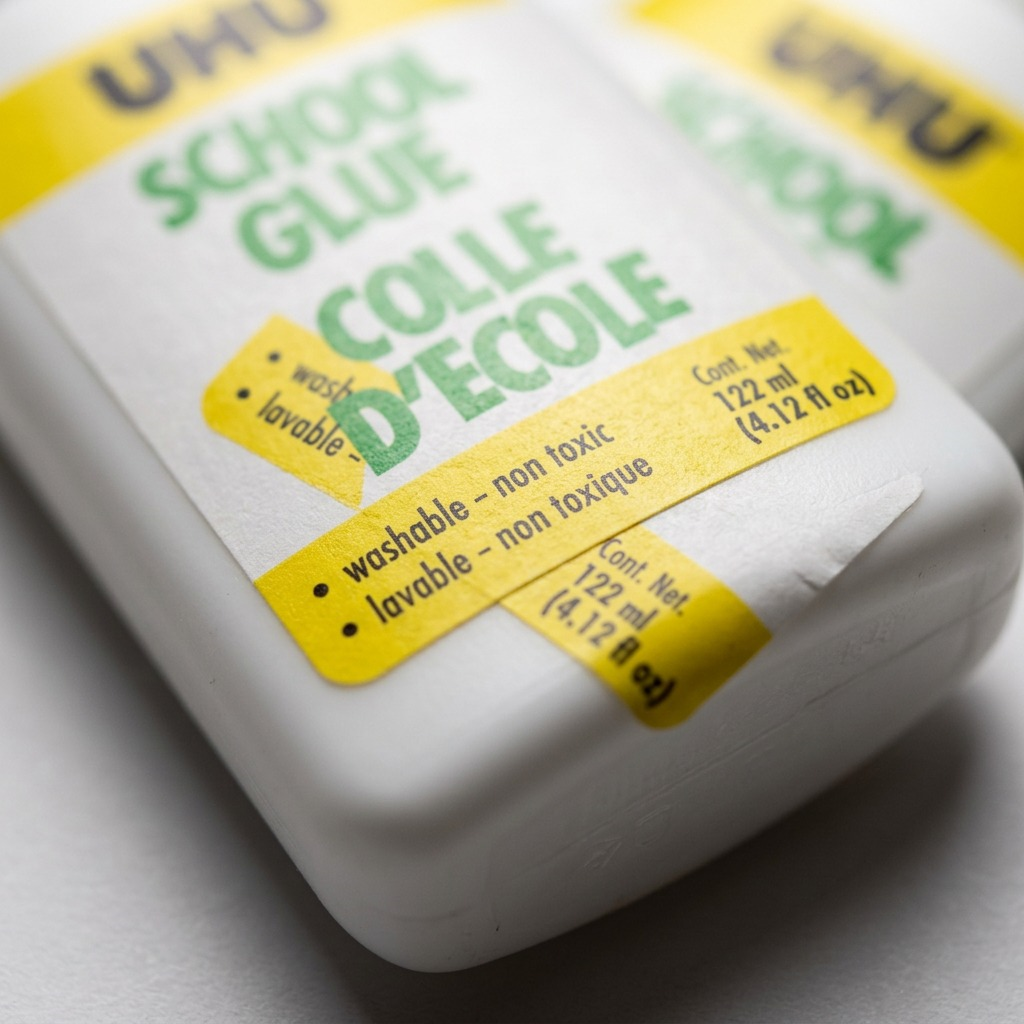 Extreme close-up of a glue bottle label showing fine print in English and French.
