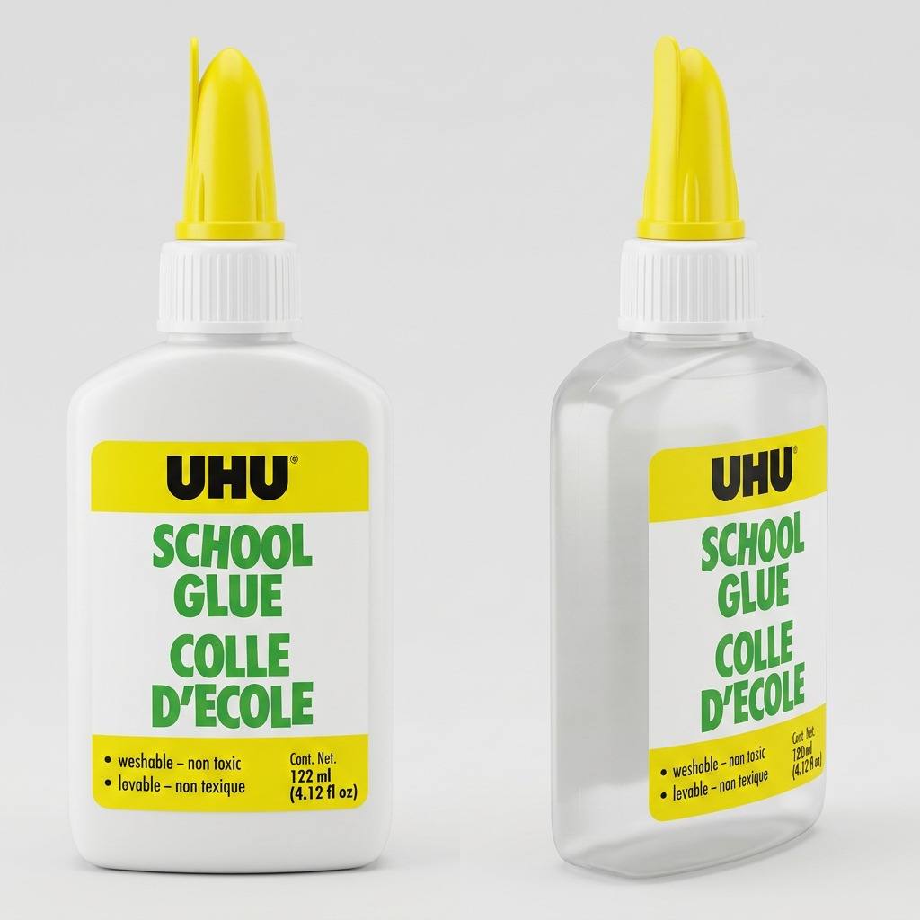 A 3-column product matrix showing three angles of the same UHU school glue bottle against a studio background.