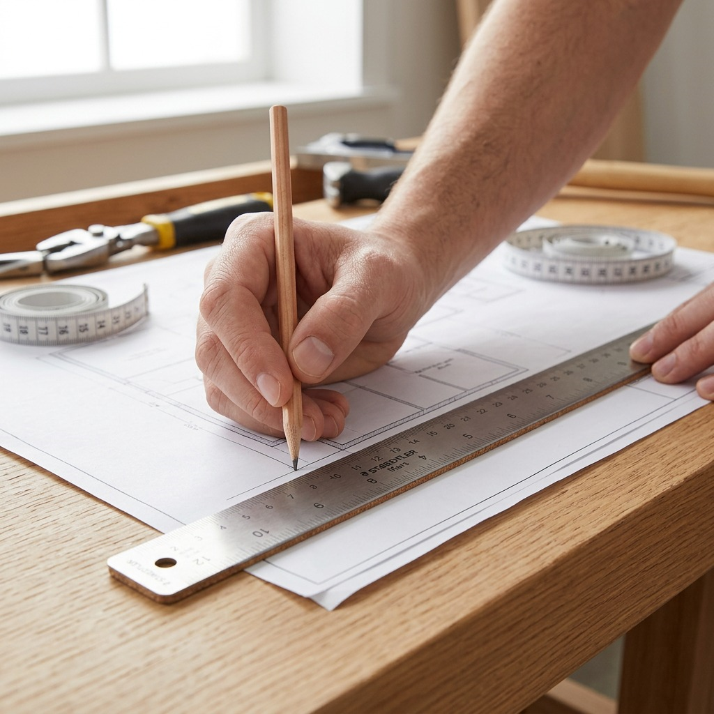 A person using a steel ruler for measurement in a well-lit workshop on an oak workbench.