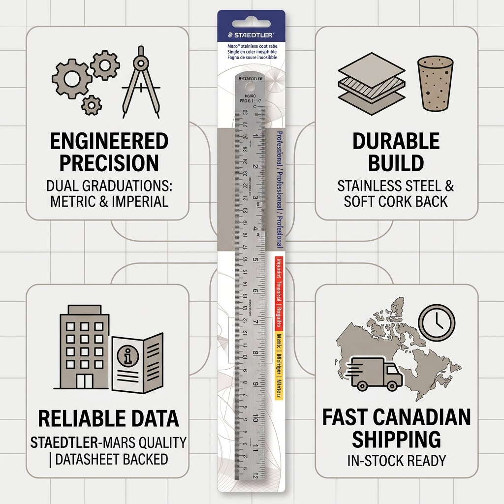 PDP visual matrix showing a STAEDTLER cork-back ruler with icons for steel, precision, and shipping.