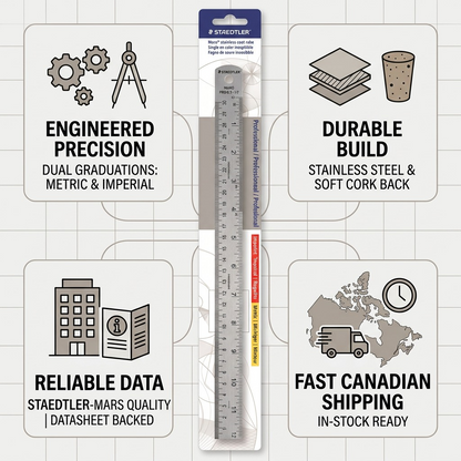 PDP visual matrix showing a STAEDTLER cork-back ruler with icons for steel, precision, and shipping.