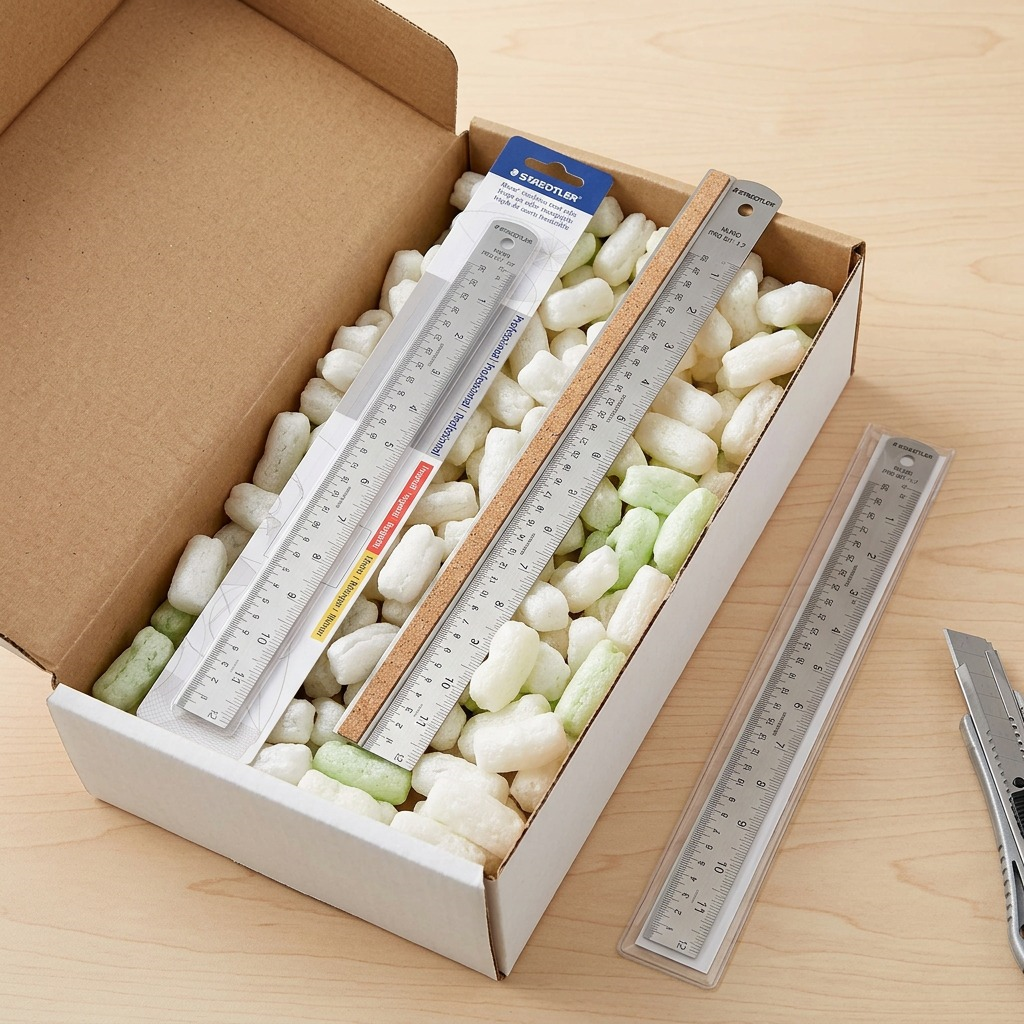 A realistic photo of multiple packaged STAEDTLER rulers and one being unboxed from a cardboard box.