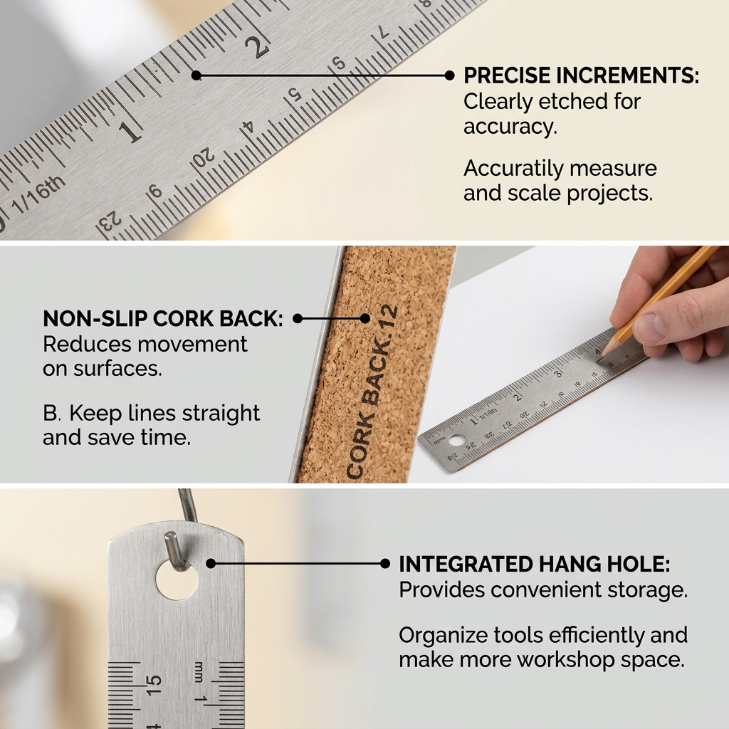 A graphic detailing features and benefits of a steel ruler with precise measurement marks.
