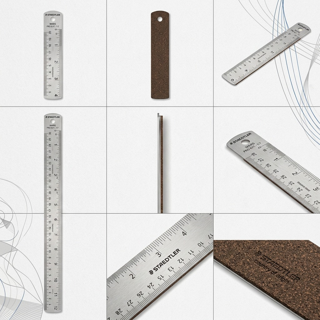 A 3x3 grid comparison showcasing nine variations of a stainless steel ruler, including three different sizes in standard metallic, three sizes with black finishes, and three sizes with gold-tone finishes.