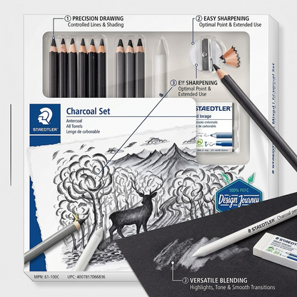 STAEDTLER Mixed Charcoal Set on a dark surface with feature callouts showing pencils, sharpener, and eraser.