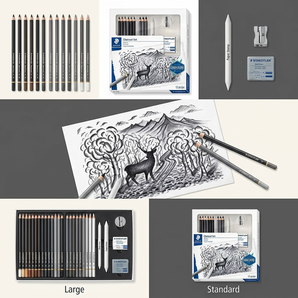 A neat product matrix featuring the charcoal set and its contents from different angles, and a hypothetical variant for comparison, all in a premium grid layout with neutral background.