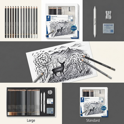 A neat product matrix featuring the charcoal set and its contents from different angles, and a hypothetical variant for comparison, all in a premium grid layout with neutral background.