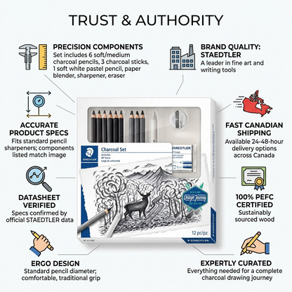 STAEDTLER Mixed Charcoal Set infographic showcasing 'TRUST & AUTHORITY' with Canadian reliability cues.