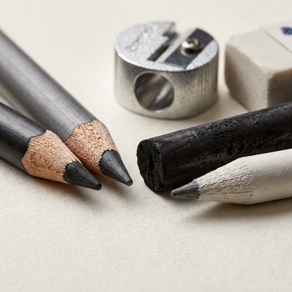 A macro photo of charcoal pencil leads, willow sticks, and paper stump textures.