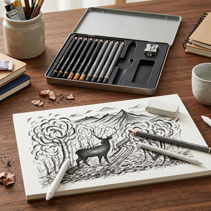 Realistic lifestyle composition of a STAEDTLER Mixed Charcoal Set with a stag drawing on a sketching desk.