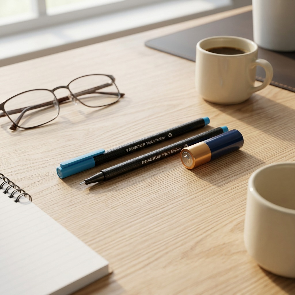 A STAEDTLER pen on a desk next to an AA battery for size comparison.