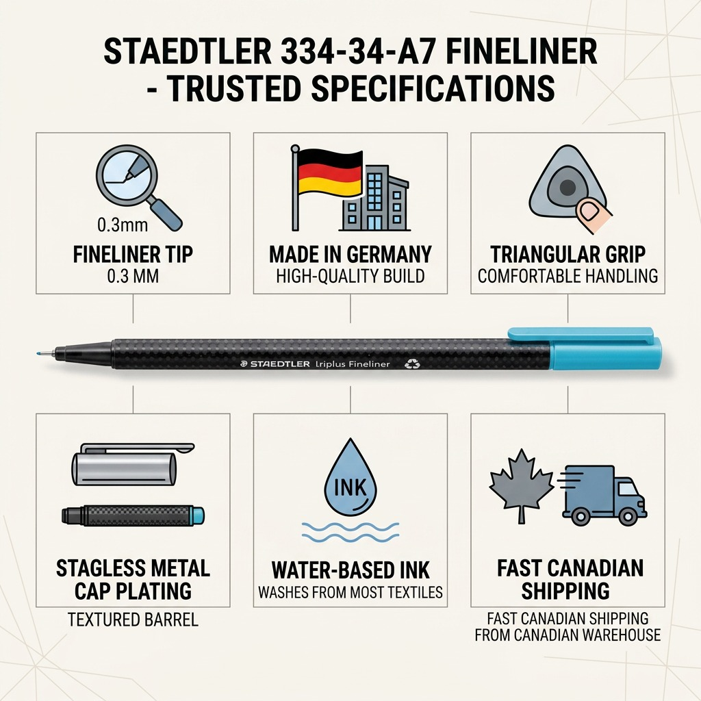 A trustworthy infographic featuring the STAEDTLER black fineliner from image_0.png, surrounded by 6 factual data points including its 0.3mm metal-clad tip, ergonomic triangular grip, "Made in Germany" origin, water-based ink, and fast Canadian shipping details.