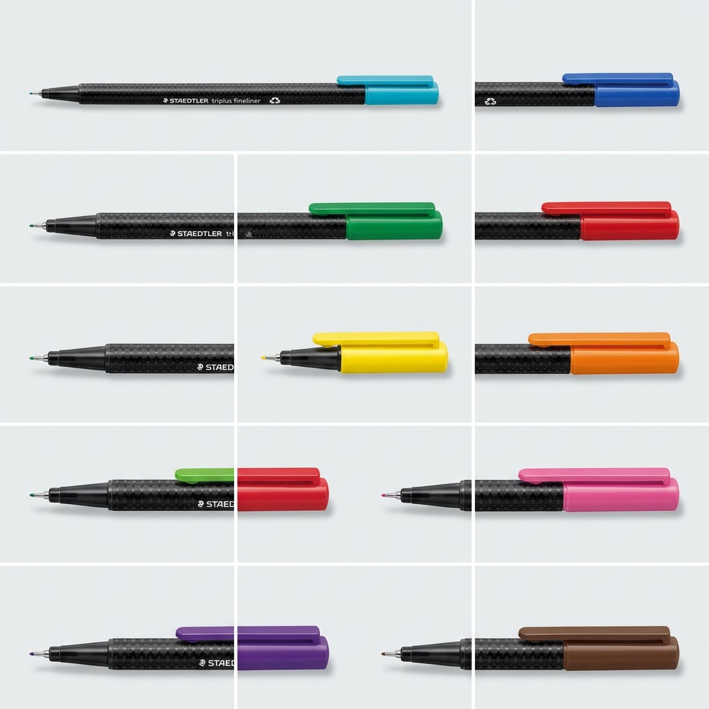 A premium 3x3 grid display showcasing nine STAEDTLER triplus fineliner pen color variations.