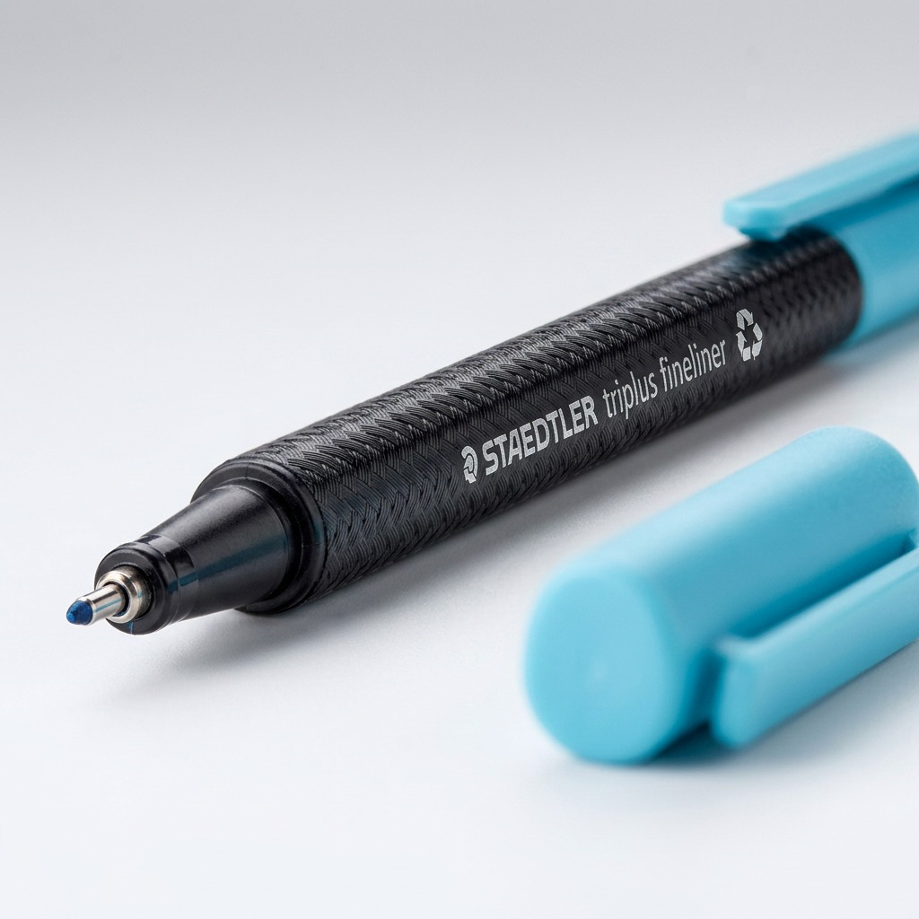 A macro photograph focusing on the fine-liner tip and the "STAEDTLER" text on the textured barrel.