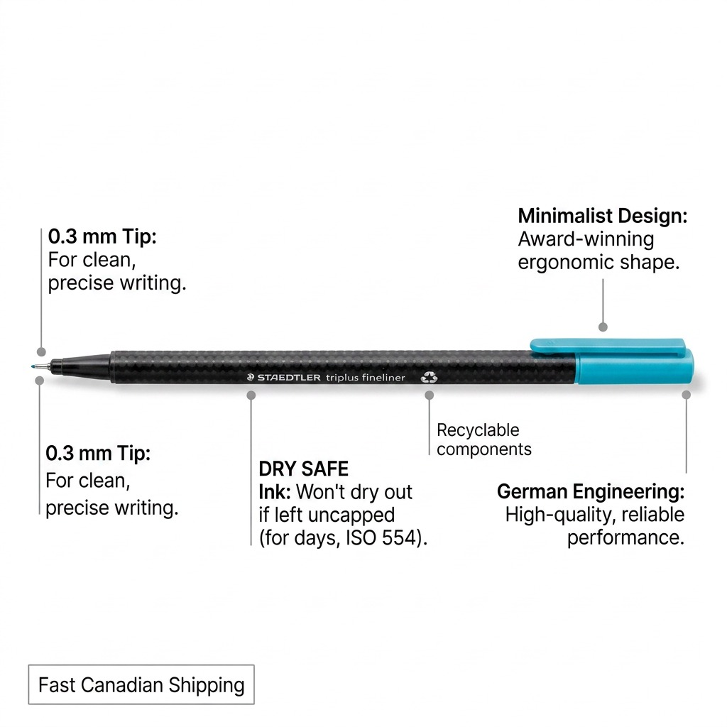 Product graphic with callouts for 0.3mm precise tip, DRY SAFE ink, award-winning ergonomics, and recyclability.