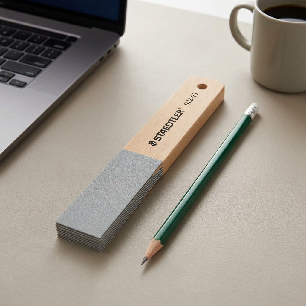 A STAEDTLER sandpaper lead pointer block is shown beside a standard wooden pencil for a clear size comparison. Both items rest on a clean, light-colored desk surface.