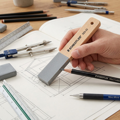 A hand holds STAEDTLER'S lead pointer with sandpaper pads on a technical drawing, refining a lead holder's point near a drafting compass.