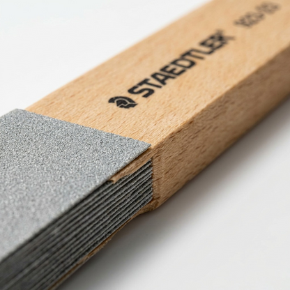 Macro shot of STAEDTLER sandpaper lead pointer showing abrasive texture and printed logo detail.