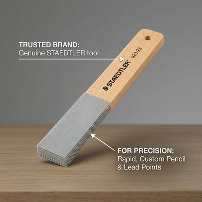 A polished ecommerce infographic showing Staedtler multi-grit sandpaper lead pointer features.