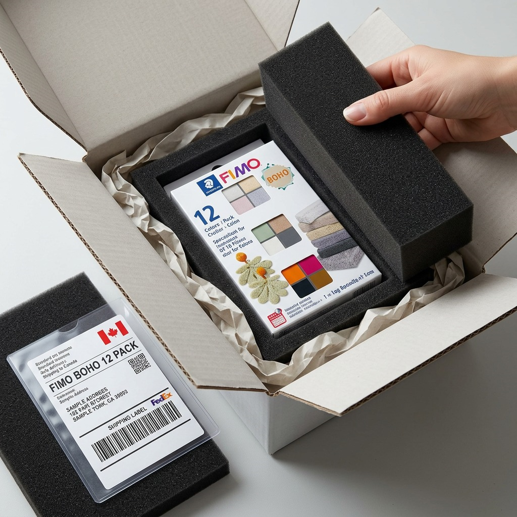 A hand opens a shipping box revealing secure foam padding around a pack of FIMO Boho clay. It includes a Canadian shipping label.