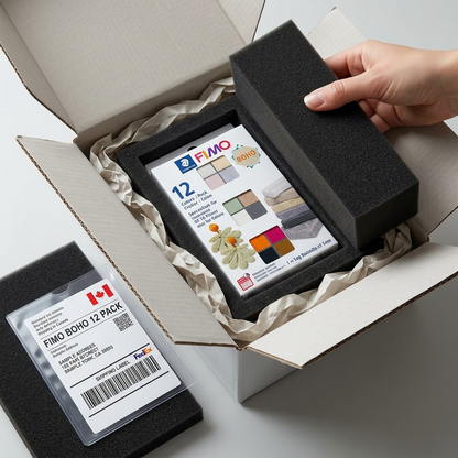 A hand opens a shipping box revealing secure foam padding around a pack of FIMO Boho clay. It includes a Canadian shipping label.