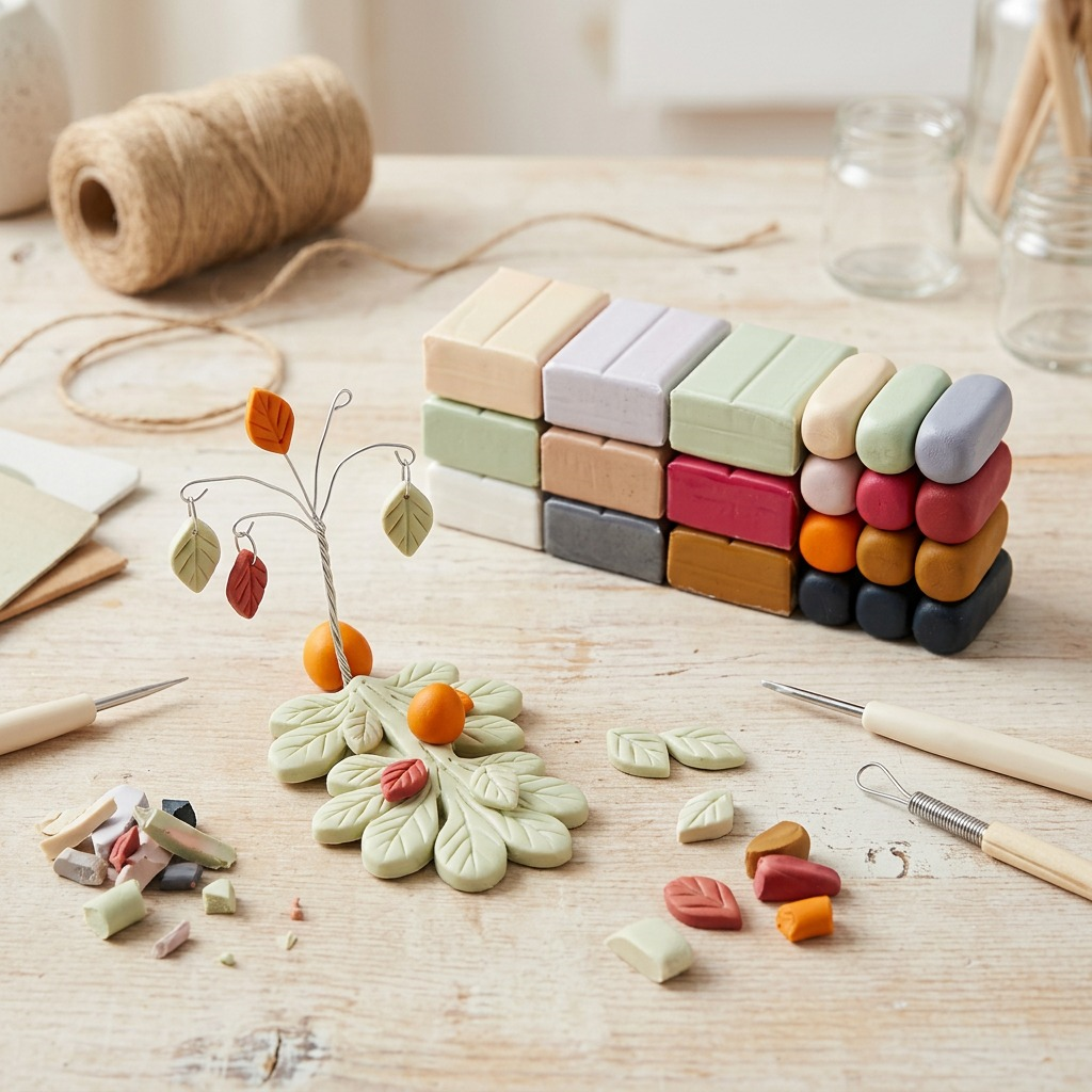 Alt text: A natural wood craft table showing 12 Fimo Effect beads, a tree-like craft, and stacked raw clay bars.
