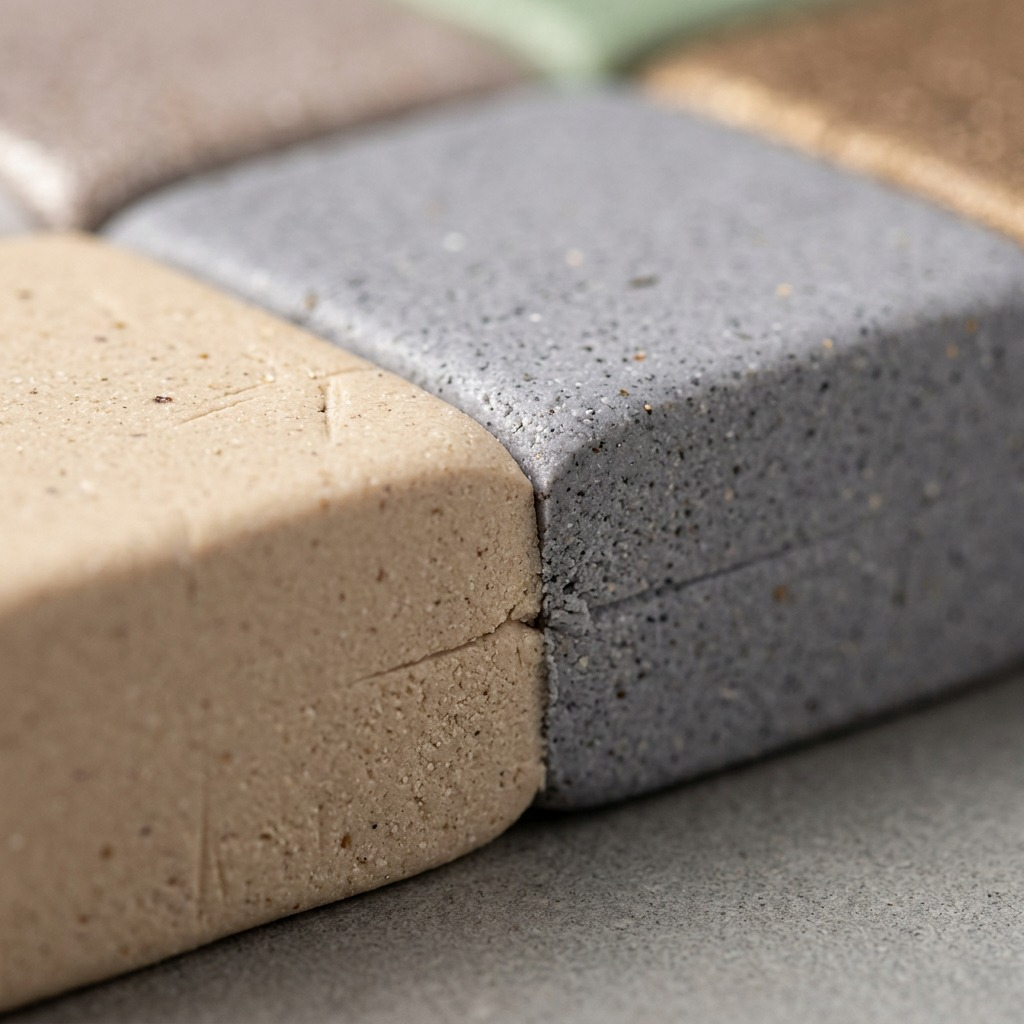 Extreme close-up macro view showing the textured, unbaked surface and distinct color separation between grey and natural-toned Fimo Effect Boho modelling clay.