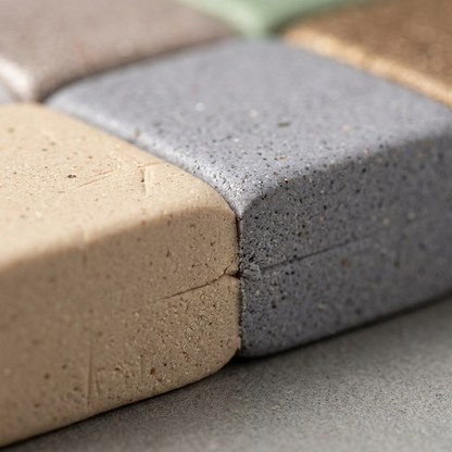 Extreme close-up macro view showing the textured, unbaked surface and distinct color separation between grey and natural-toned Fimo Effect Boho modelling clay.