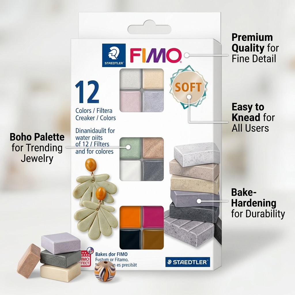 Operational feature callouts for STAEDTLER Fimo Effect Boho 12 Color Pack highlighting usability and quality