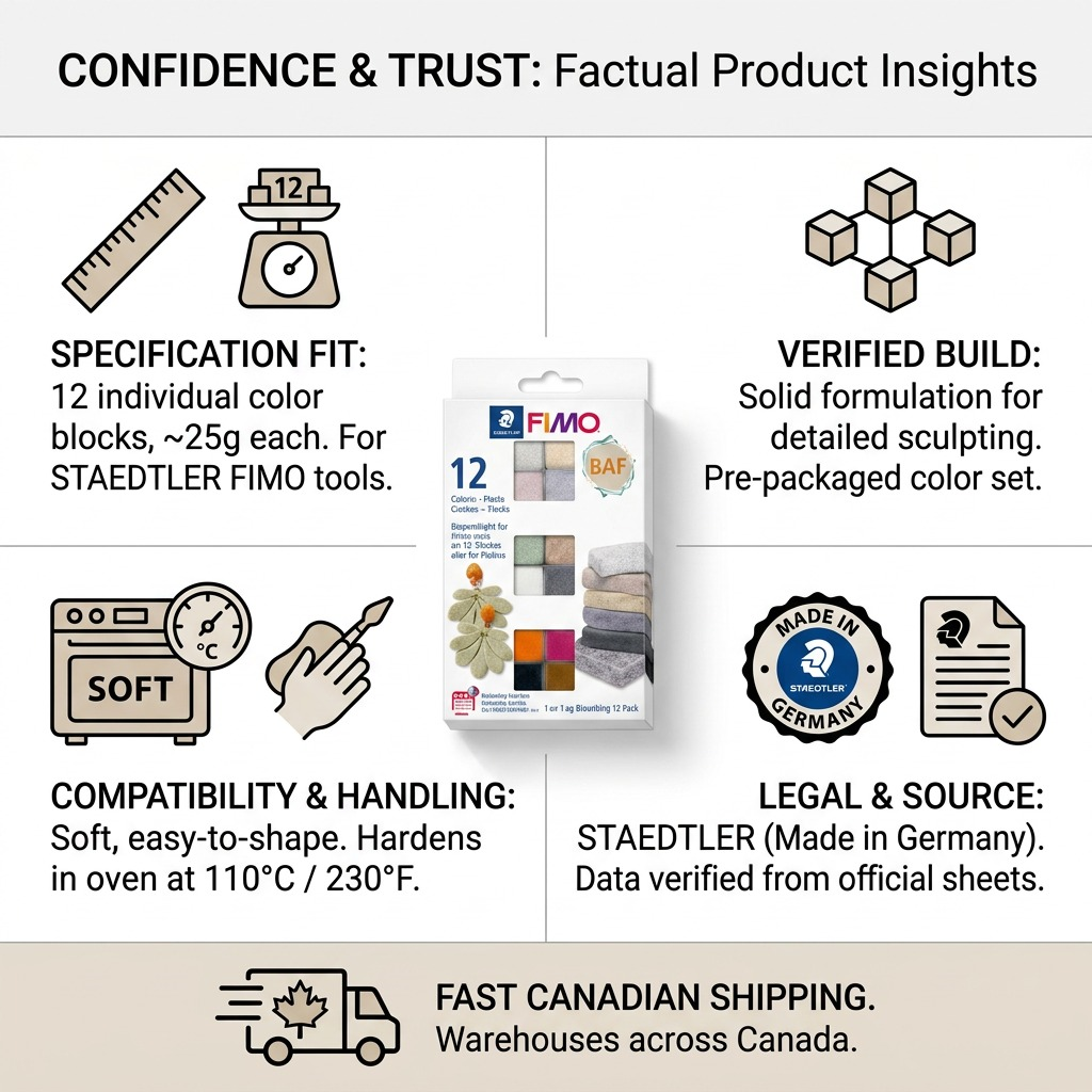 Trust infographic matrix: STAEDTLER Fimo Boho set details, compatibility, German origin, and fast Canadian shipping.