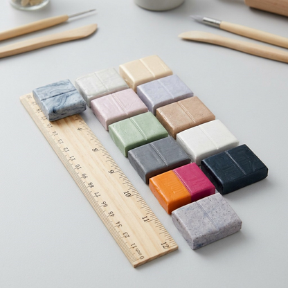 A Fimo Effect Boho 12 Color Pack is displayed next to a standard 12-inch ruler for scale comparison.