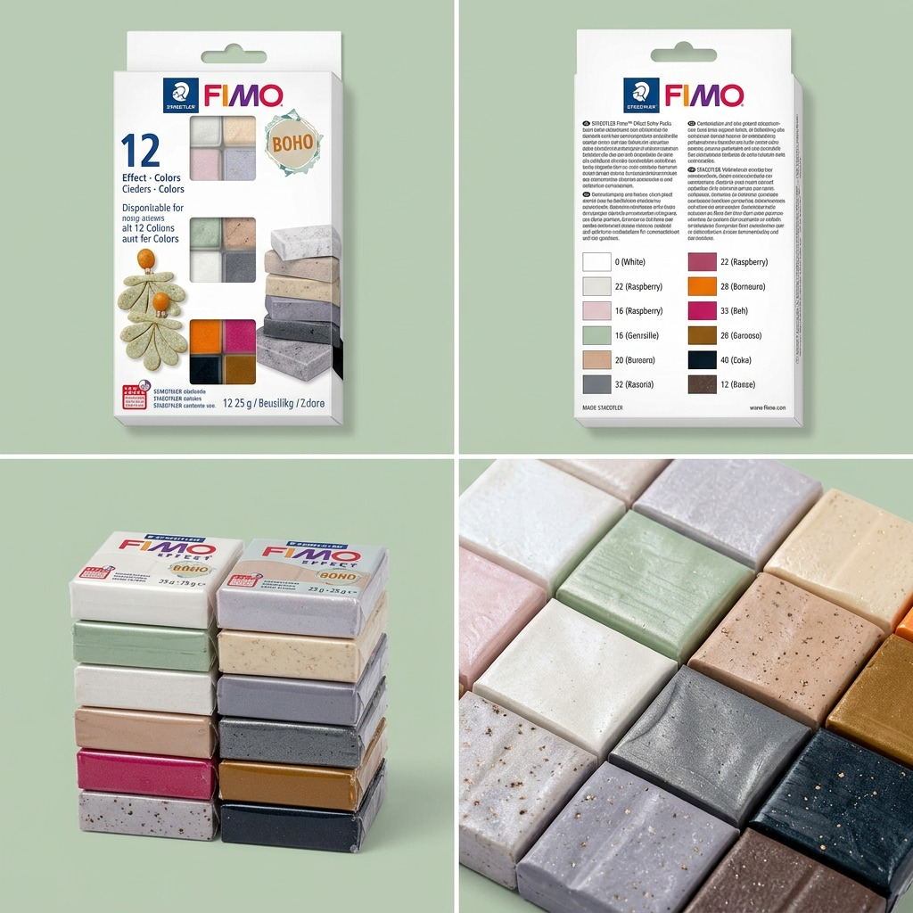 A grid-based product configuration matrix showing four different views of the STAEDTLER Fimo Effect Boho set.<ctrl46>