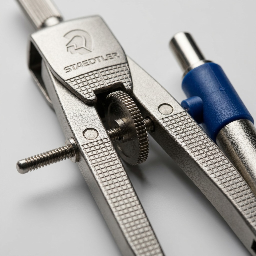 Extreme close-up of a STAEDTLER geometry set's precision adjustment wheel and fine metal textures.
