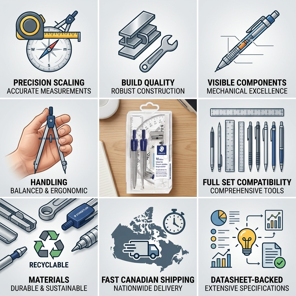An e-commerce trust infographic for the STAEDTLER geometry set, featuring factual cues and icons.