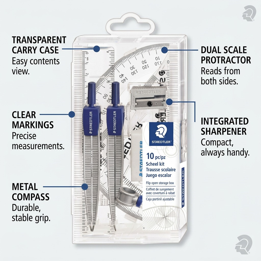 Operational feature graphic of the STAEDTLER set with clear-case callout pointers and text labels.