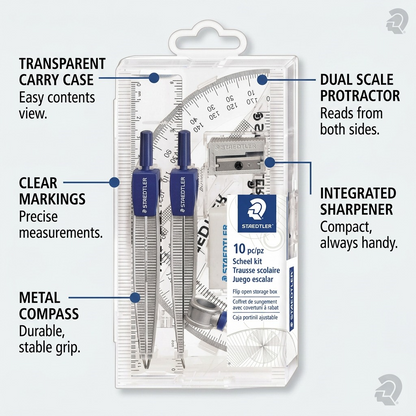Operational feature graphic of the STAEDTLER set with clear-case callout pointers and text labels.