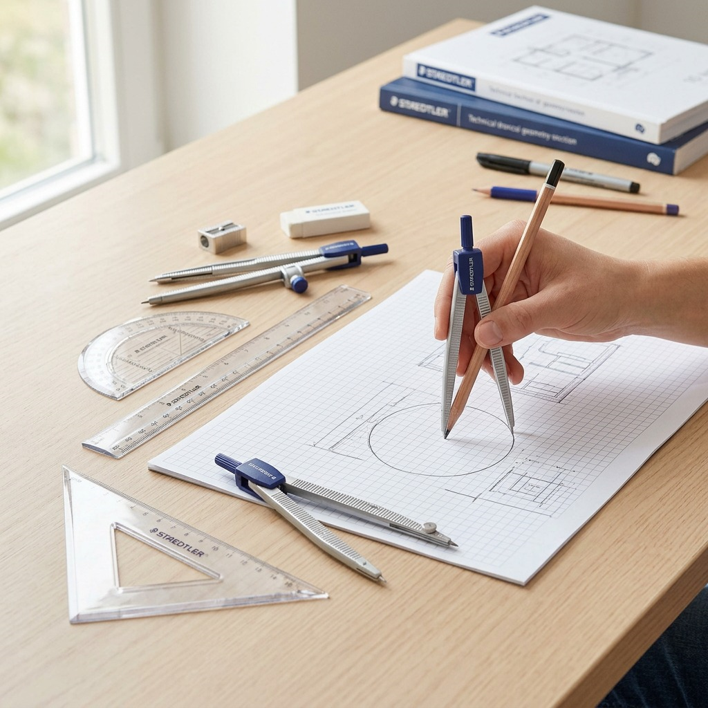 Lifestyle photo to show use: all components from the kit arranged on a light-colored wood desk with a graph paper sketch and pencils.