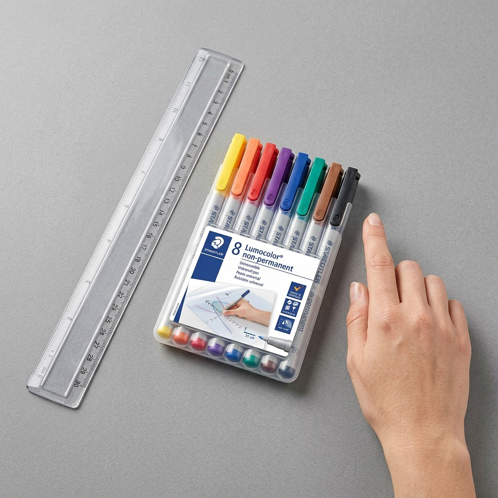 A STAEDTLER Lumocolor 8-pack is placed beside a 30 cm ruler on a minimalist grey desk surface, illustrating its size.