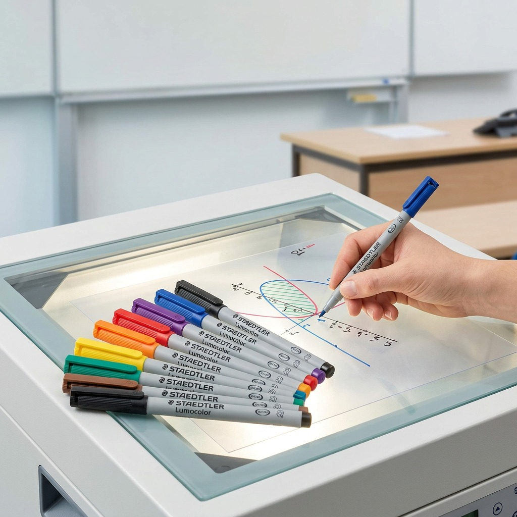 A set of eight STAEDTLER Lumocolor fine-tip non-permanent markers, and their prop stand, fanned out on an overhead projector surface with geometric drawings and notes on an acetate sheet.