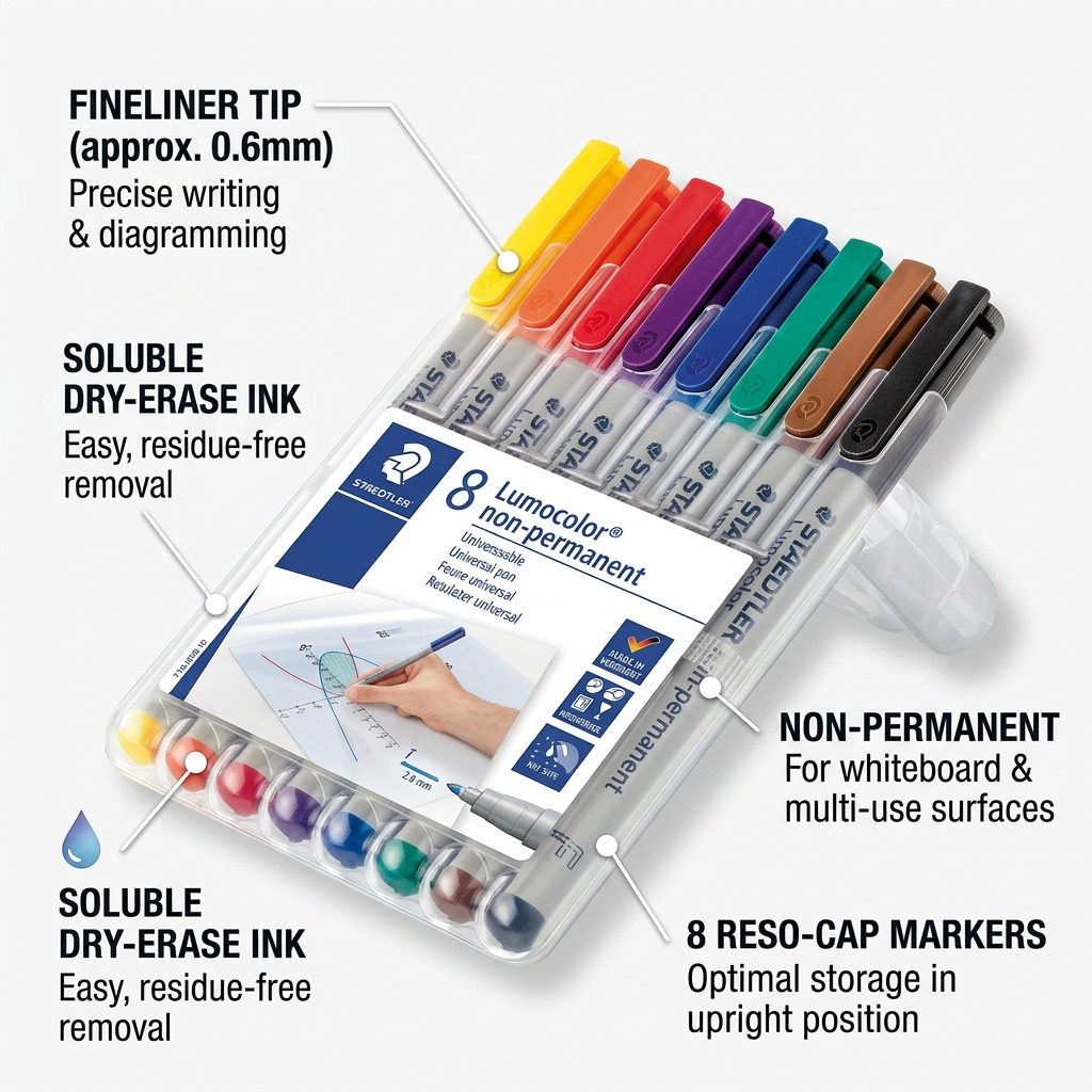 Product graphic showcasing the STAEDTLER Lumocolor non-permanent marker set with key feature callouts and benefits.
